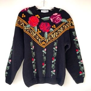 VTG Knitting Needles Hand-Knit /Embroidered Ramie Cotton Black Floral Sweater